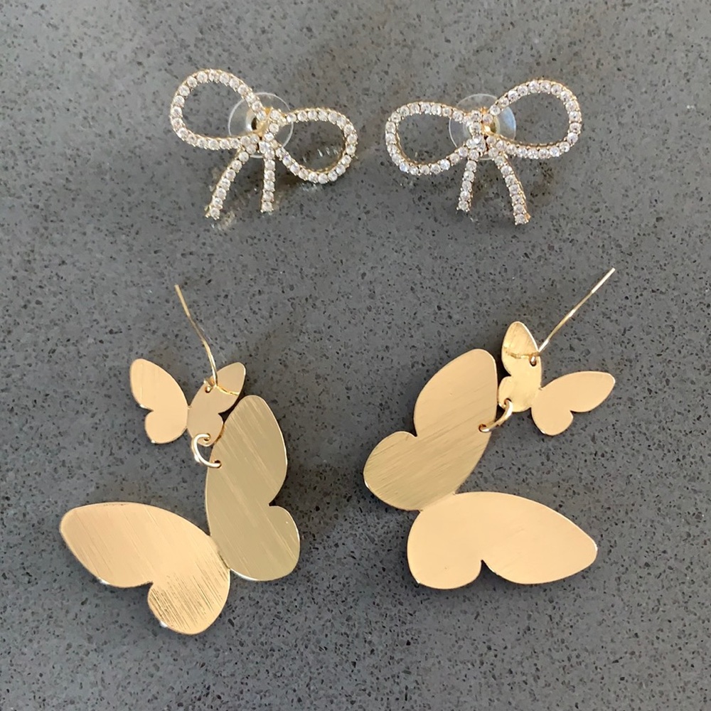 Gold Butterfly Dangle & Sparkle Bow Stud Earrings